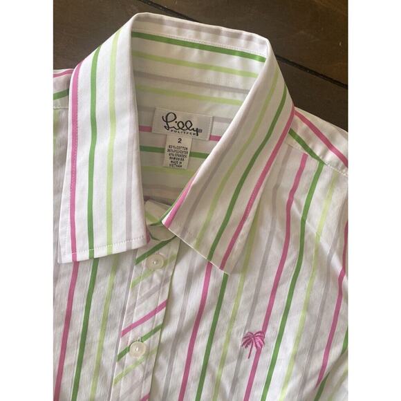 Lilly Pulitzer White Label White Pastel Green Pink Striped Button Up Size 2 - Picture 2 of 5
